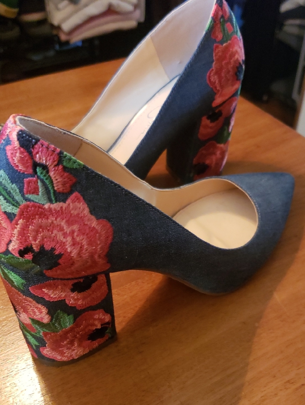 Jessica Simpson Navy Pumps with Pink Floral Embroidery